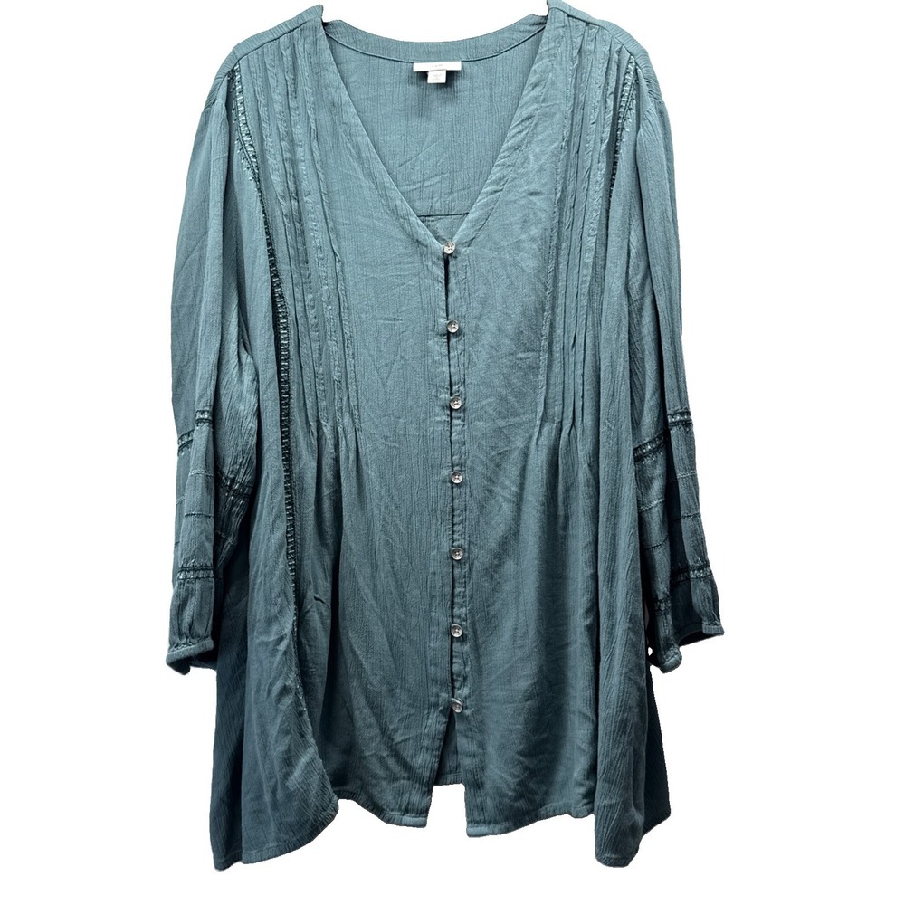 J Jill Womens Top Size XL Petite PXL Solid Blue Pintuck Button Up V Neck Pleated
